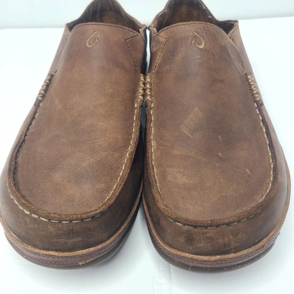 OluKai Moloa Mens 13 Leather Slip On Drop In Heel Shoes Toffee Loafers